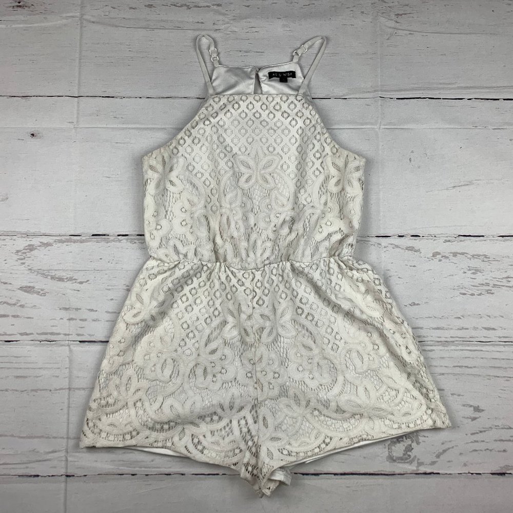 As U Wish womens jrs 9 white floral lace sleeveless one piece shorts romper